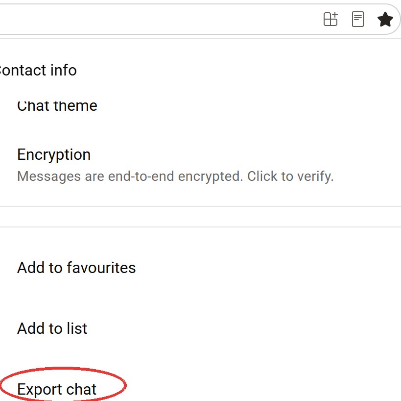 WhatsApp Web Contact info with Export chat highlighted